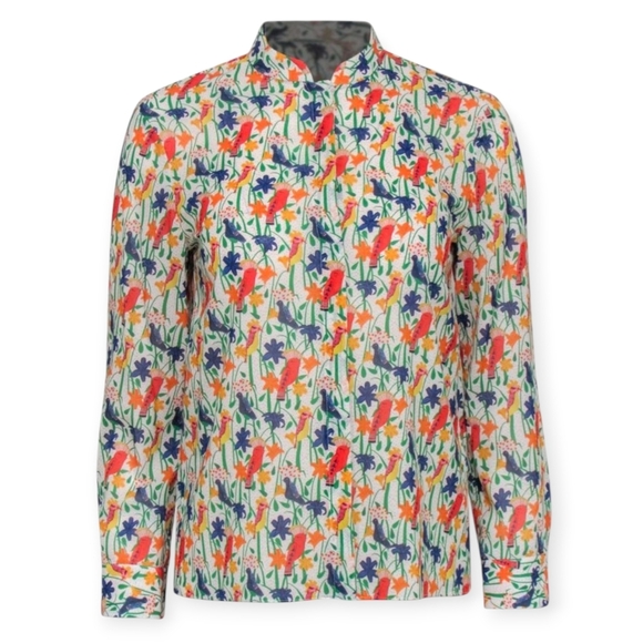 Alice + Olivia Bird and Floral Print Colourful Silk Button Blouse Small - Picture 16 of 16